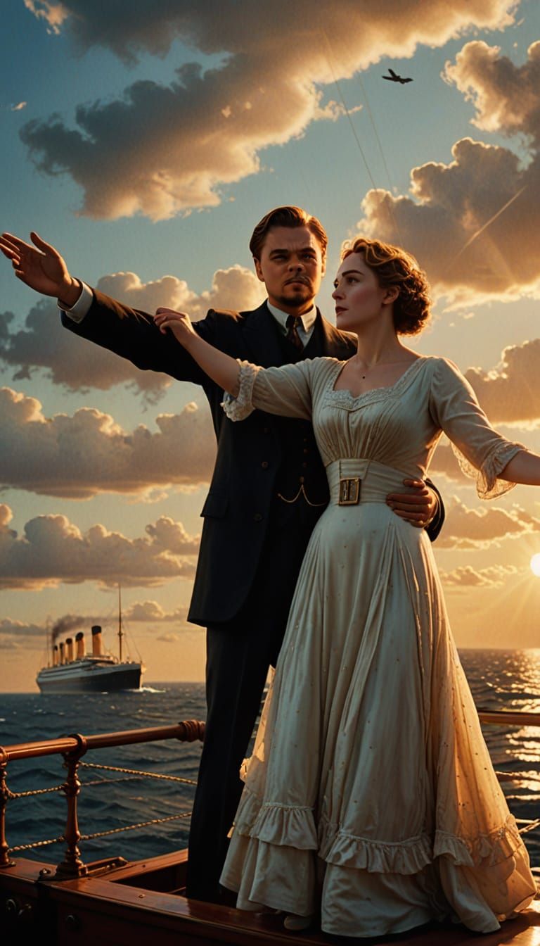 Kate and Leo in Golden Hour on the Titanic's Bow