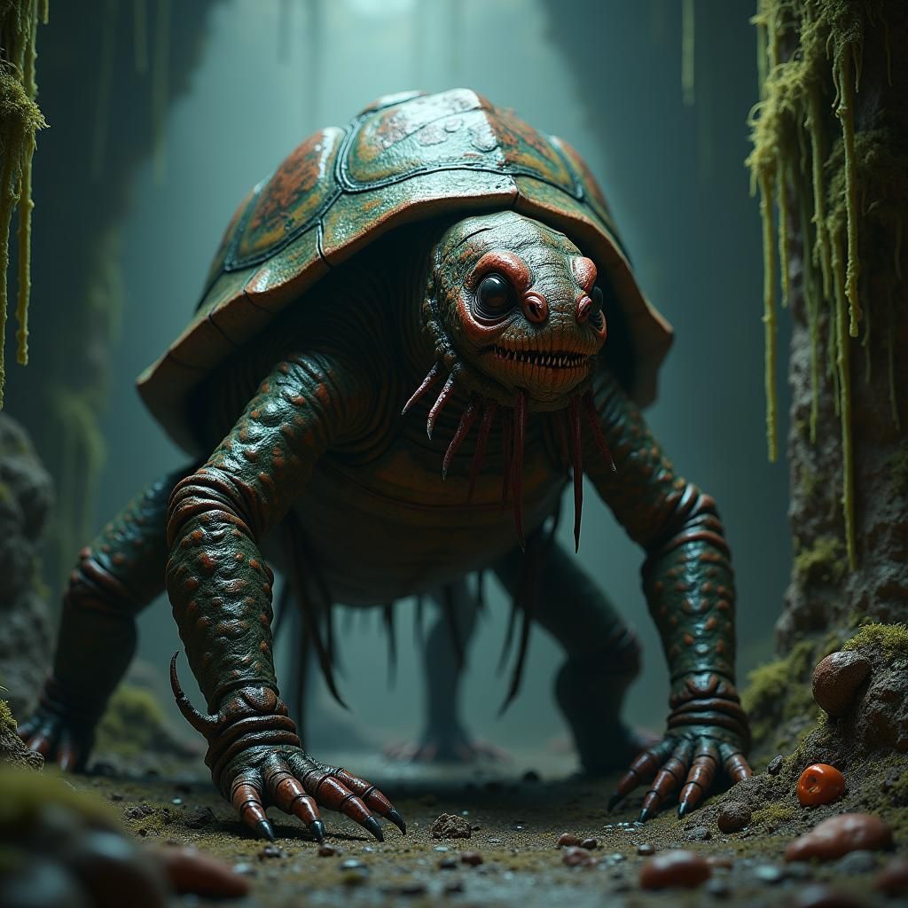 Grotesque Tortoise-Cockroach Hybrid in Ominous Environment
