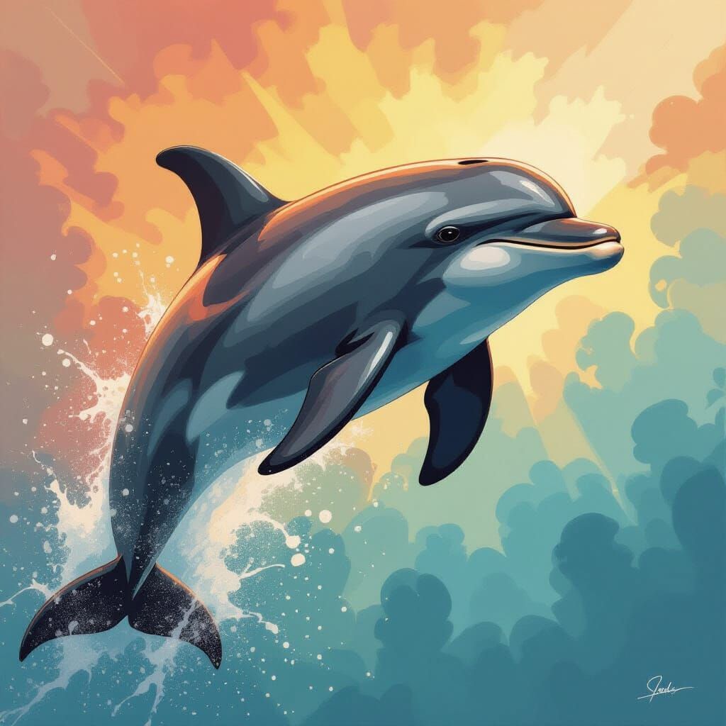 Dolphin in Gouache and Watercolor Charcoal Drawing