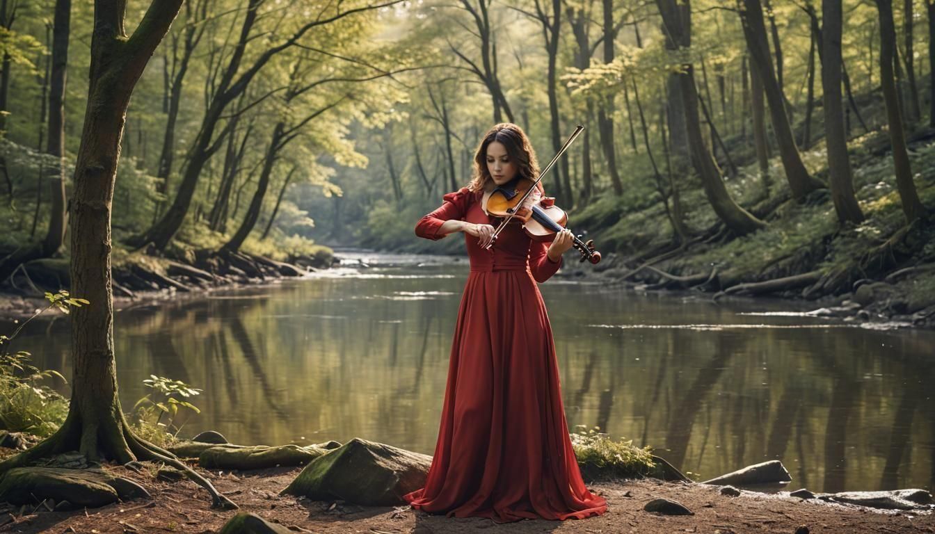 Woman in Red Dress Playing Violin in Forest