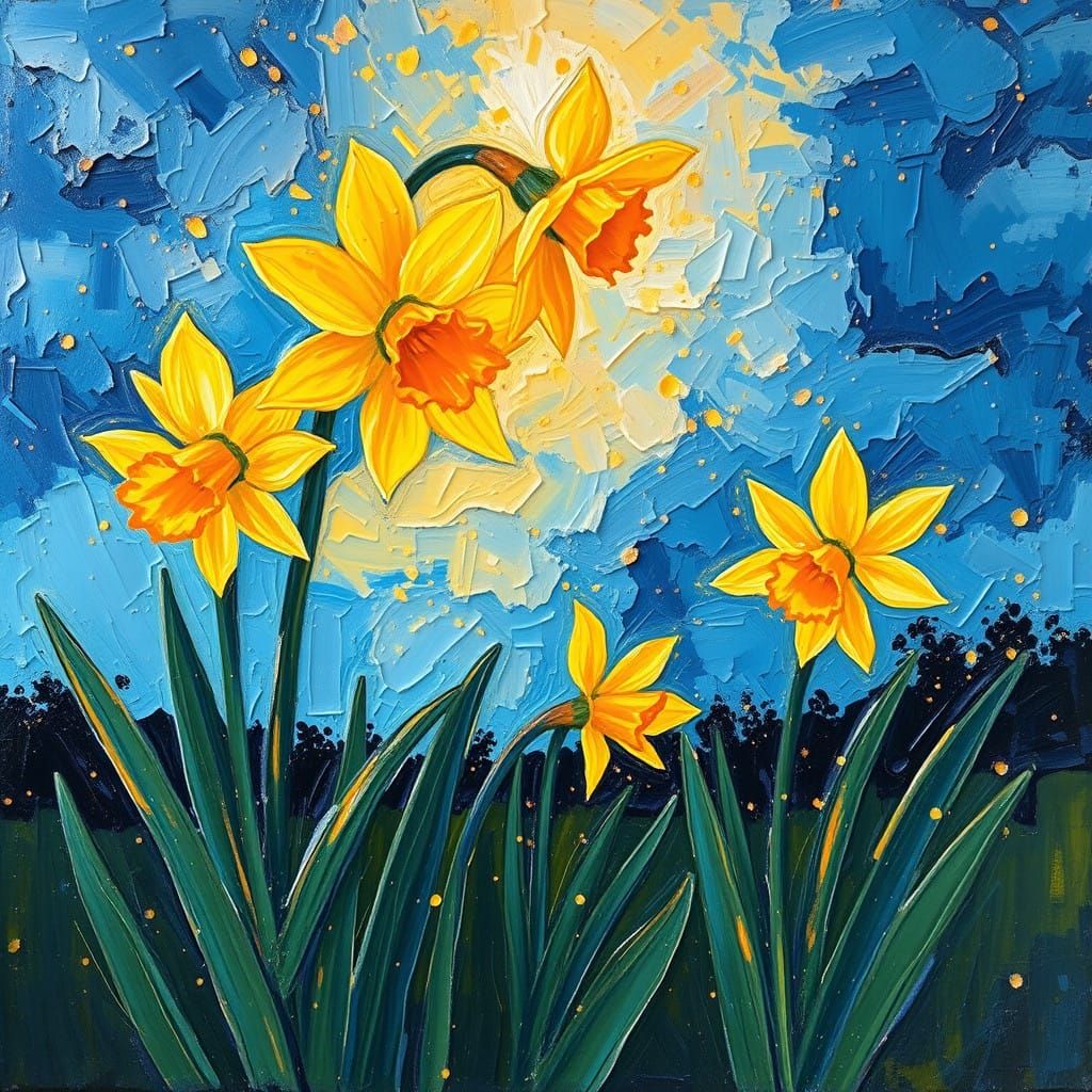Daffodils Ignite the Evening Sky in Neo-Impressionist Oil Pa...