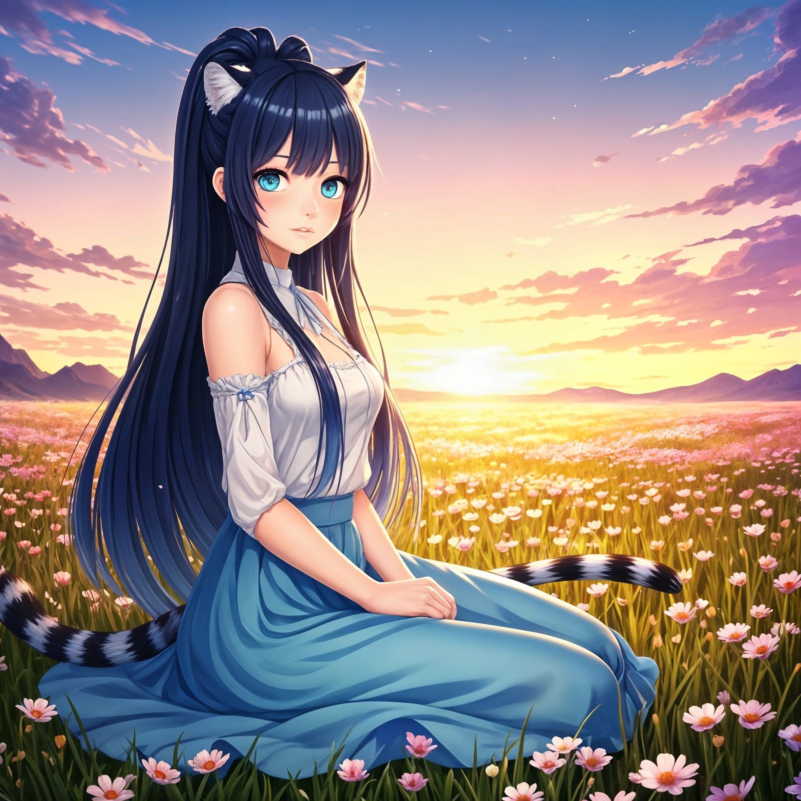 Anime Girl with Tiger Tail in Sunset Meadow