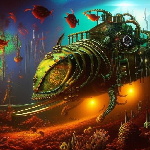 Steampunk Alien Aquatic Life in Psychedelic Horror Style