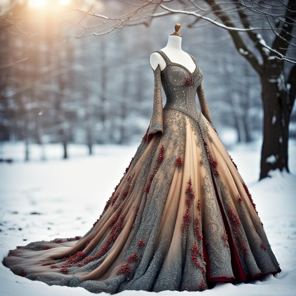 Bejeweled Ball Gown on Mannequin in Snowy Christmas