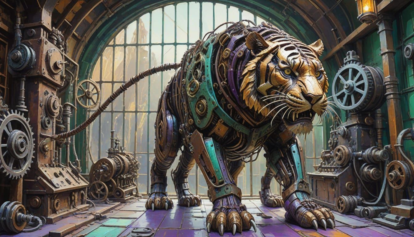 Cyberpunk Steampunk Metal Tiger in Laboratory