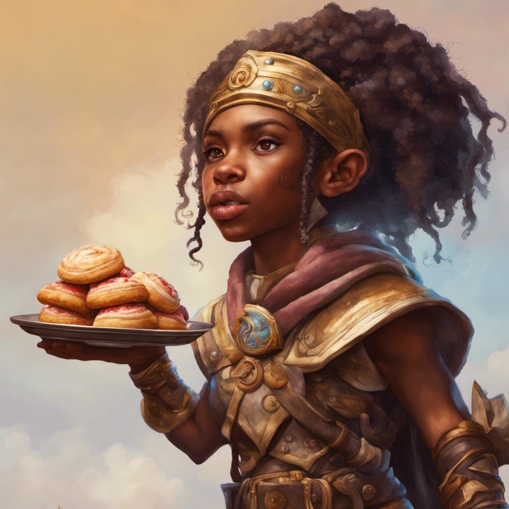 Halfling Cleric of Athena with Pastry, Hyperrealistic Art
