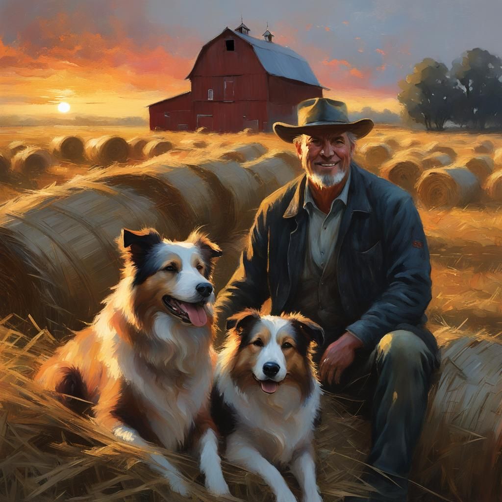 Farmer and Collie at Sunset: Detailed Matte Painting