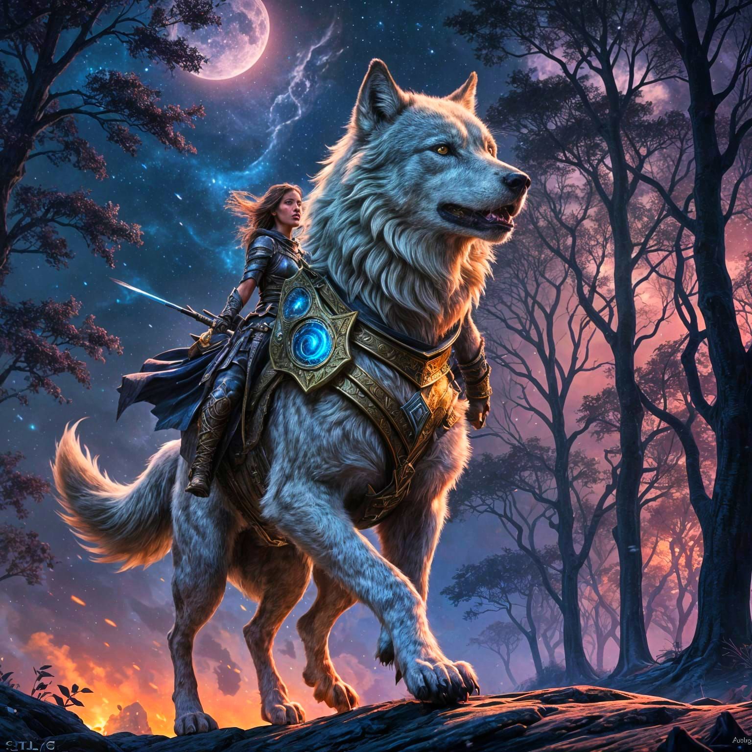 Celestial Wolf and Warrior in the Night