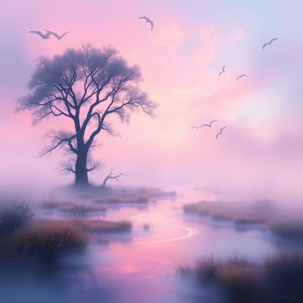 Surreal River Landscape in Soft Pink and Blue Hues
