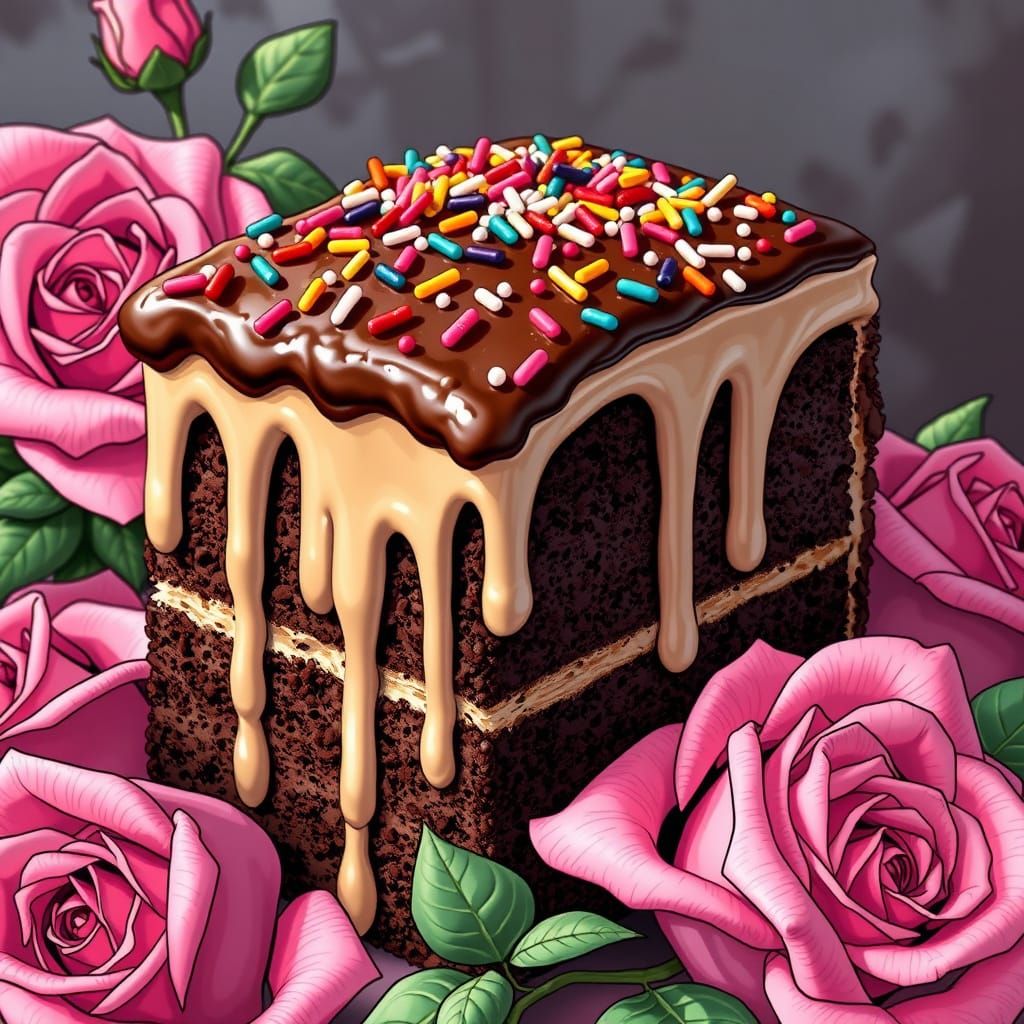 Hyperrealistic Chocolate Cake with Roses in Comic Style