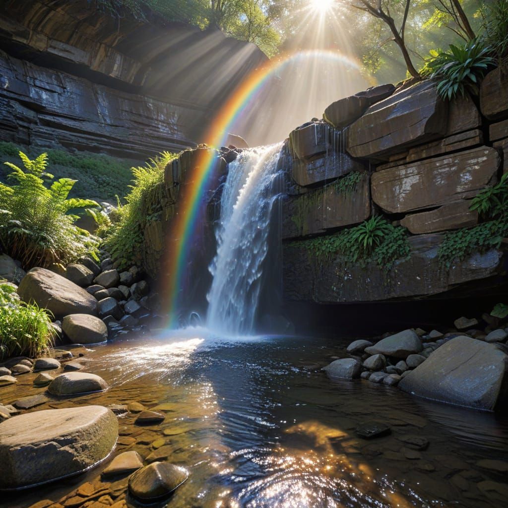 Enchanted Waterfall in Vibrant Rainbow Hues