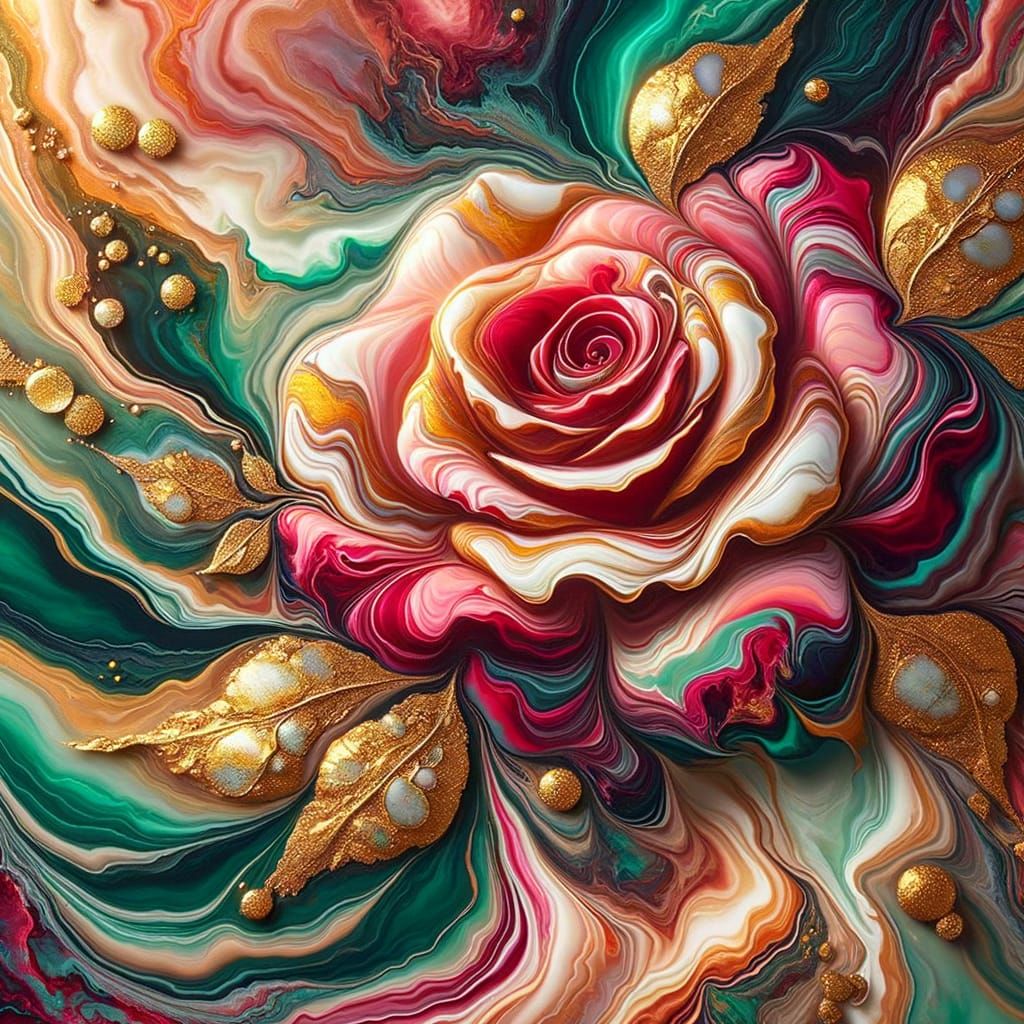 Abstract Blooming Rose in Fluid Acrylic Art
