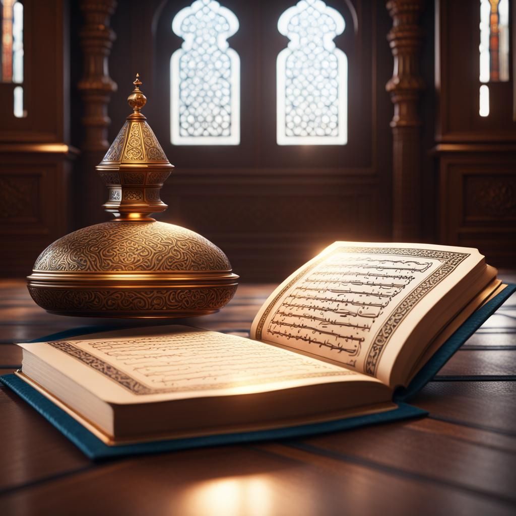 Hyperrealistic Quran in Mosque with Light Source