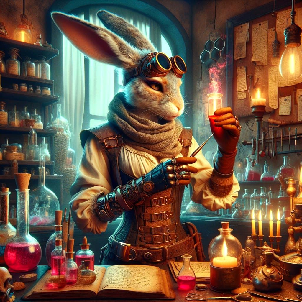Steampunk Rabbit Alchemist in her Laboratory