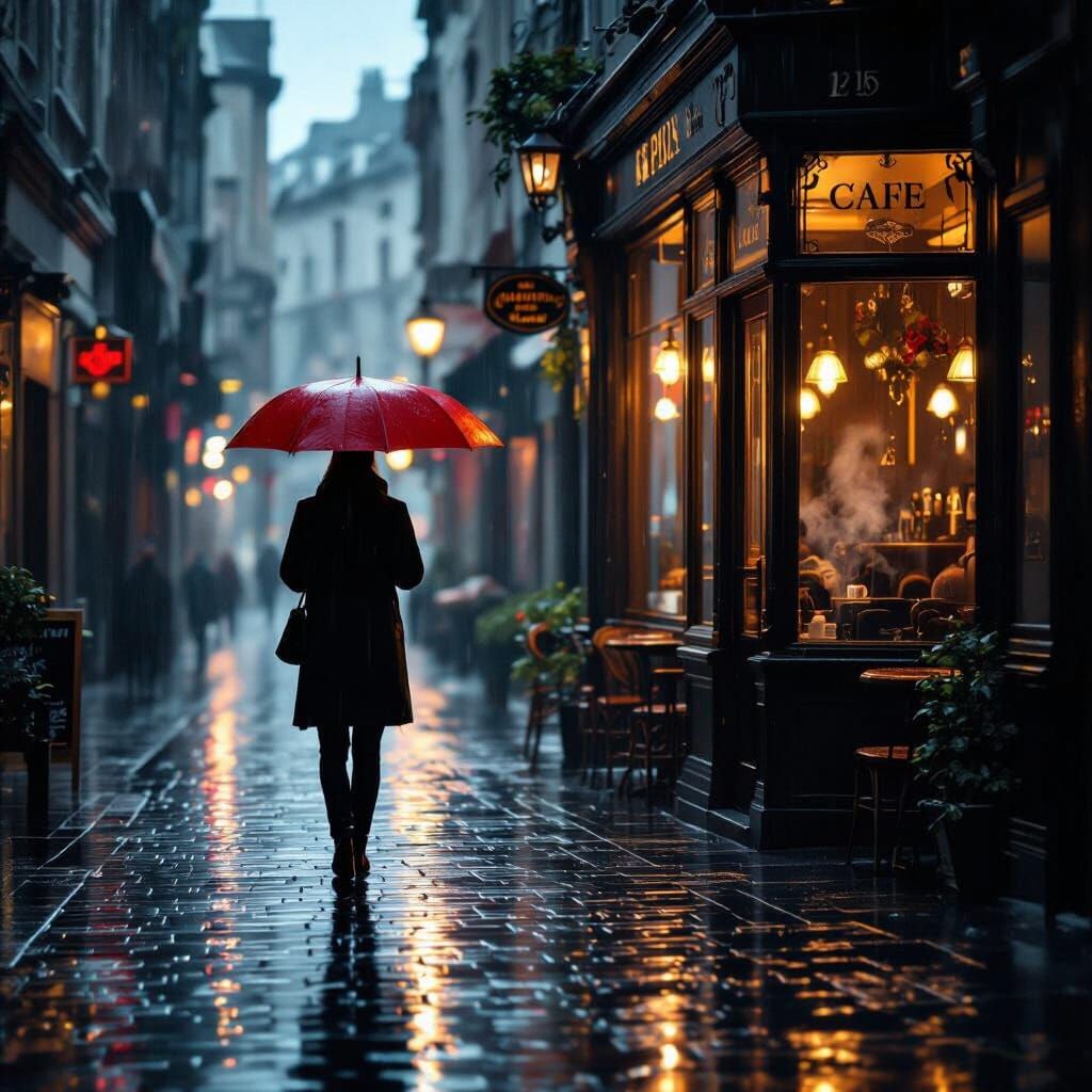 Lone Figure with Red Umbrella in Rainy City Morning
