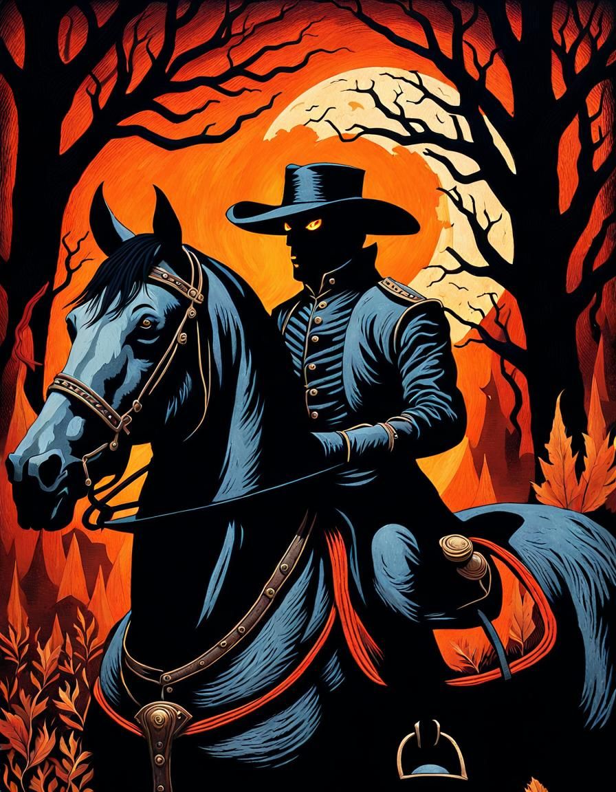 Eerie Headless Horseman Portrait in Folk Horror Style