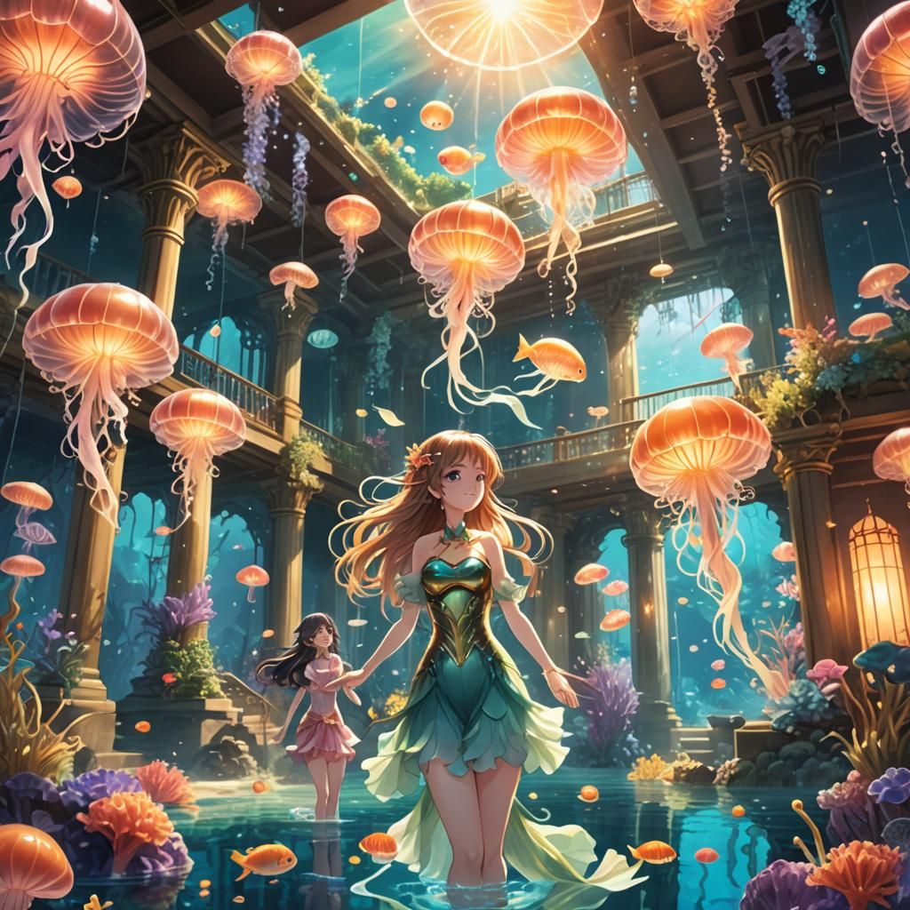 Anime Mermaids Playing in Underwater Palace