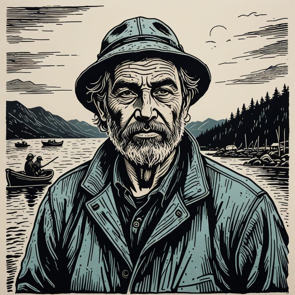 Lino cut. A grizzled fisherman