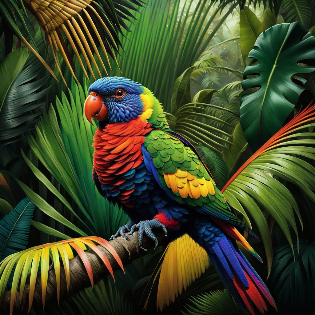 A close up perspective of a Rainbow Lorikeet perched on a branch in a rainforest surrounded by palms, calatheas, banana ...