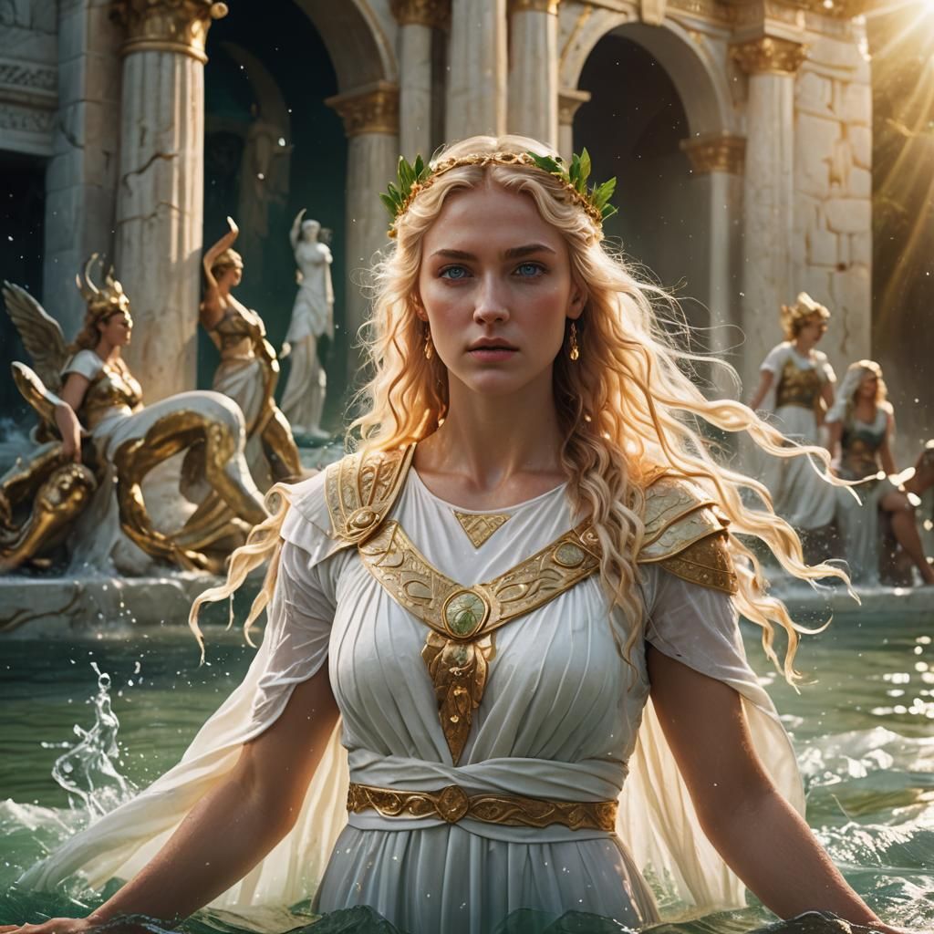 Greek Goddess Portrait with Golden Hair in Photorealistic St...