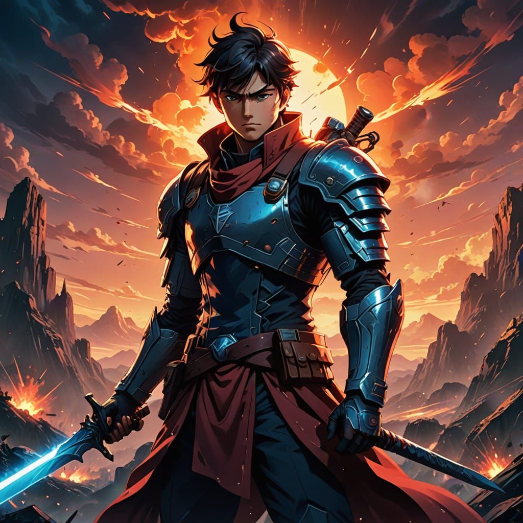 Epic Anime Warrior Stands Ready in a Dark, Ominous Landscape