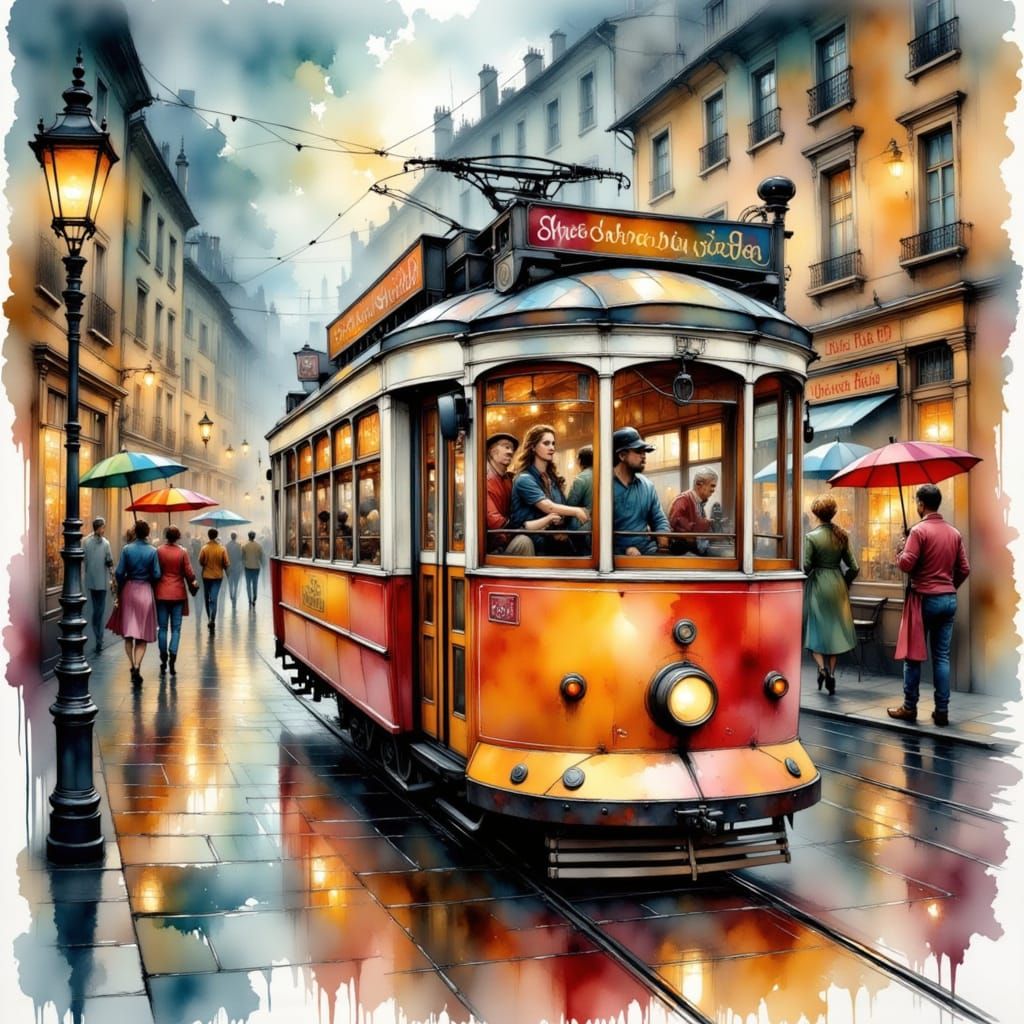 Vintage Tram on a Rainy City Street in Watercolor Style