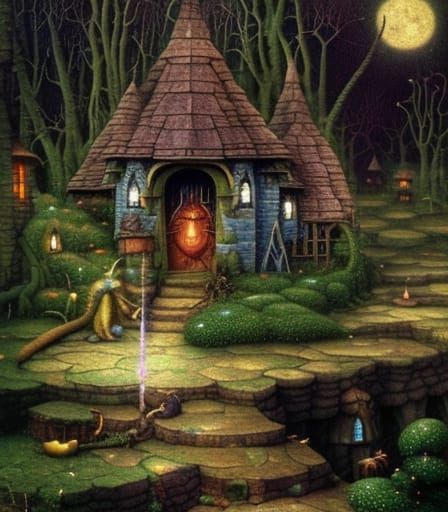 Magical Wizard's Hut in Swamp, Oil Painting