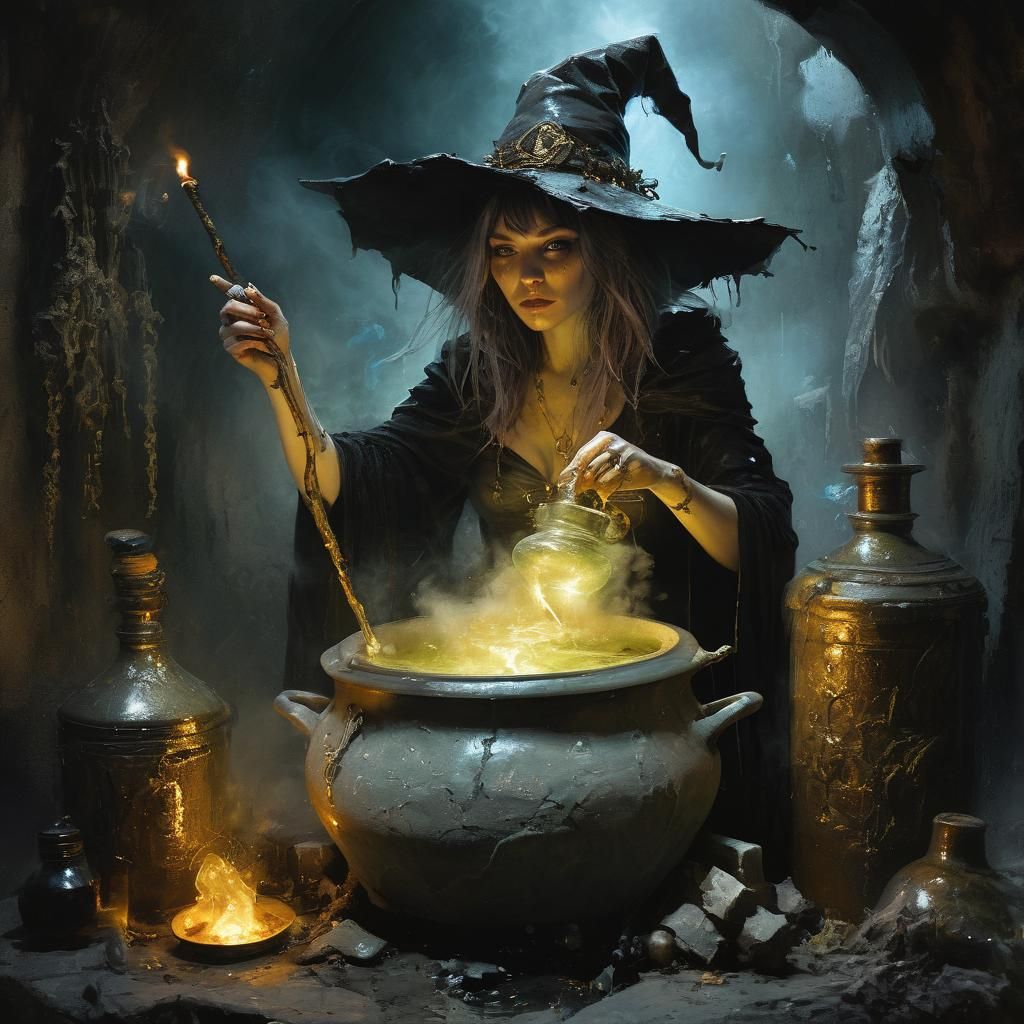 Enchanting Witch Brews Potion in Stone Tomb