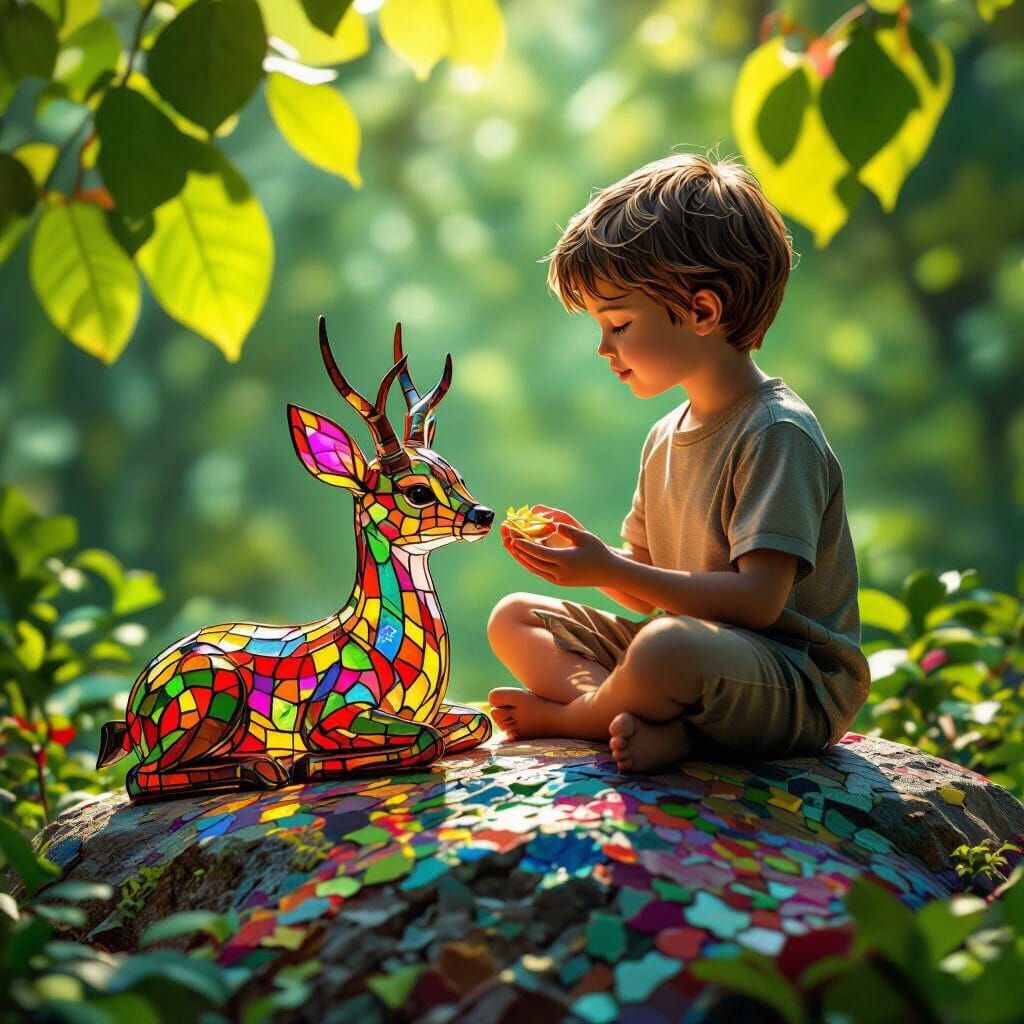 Majestic Boy Feeds Stained Glass Fawn Amidst Exploding Leave...