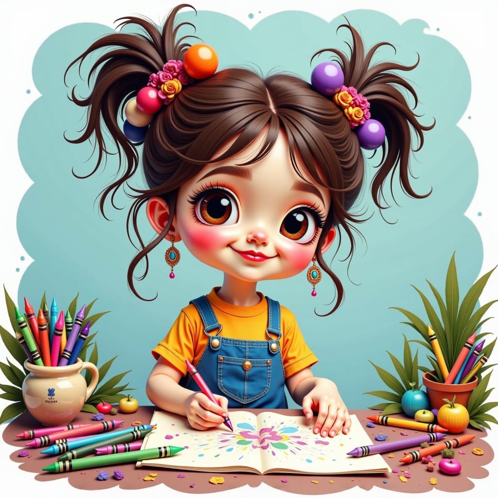 Vibrant Cartoon Girl Coloring with Crayons