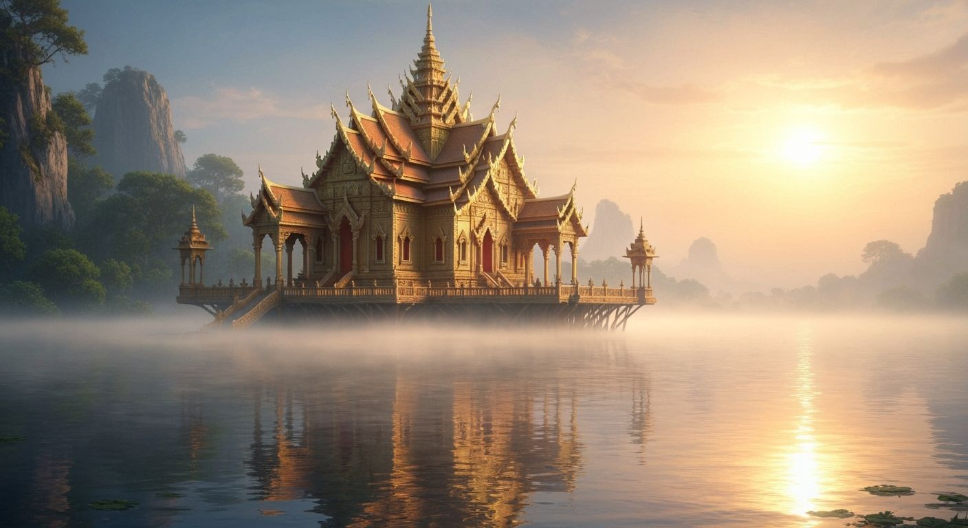 Majestic Golden Temple Floating on Misty Waters