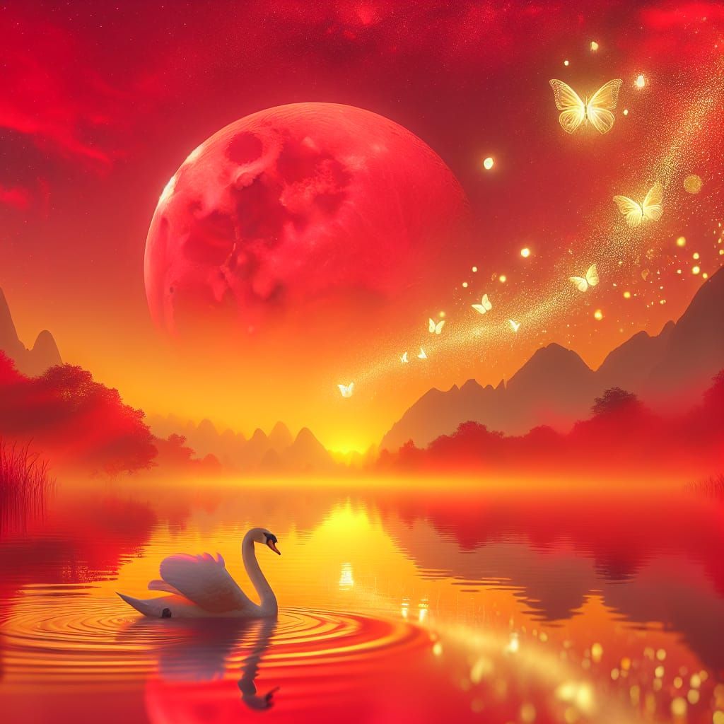 Red Moon Over Yellow Lake with Swan