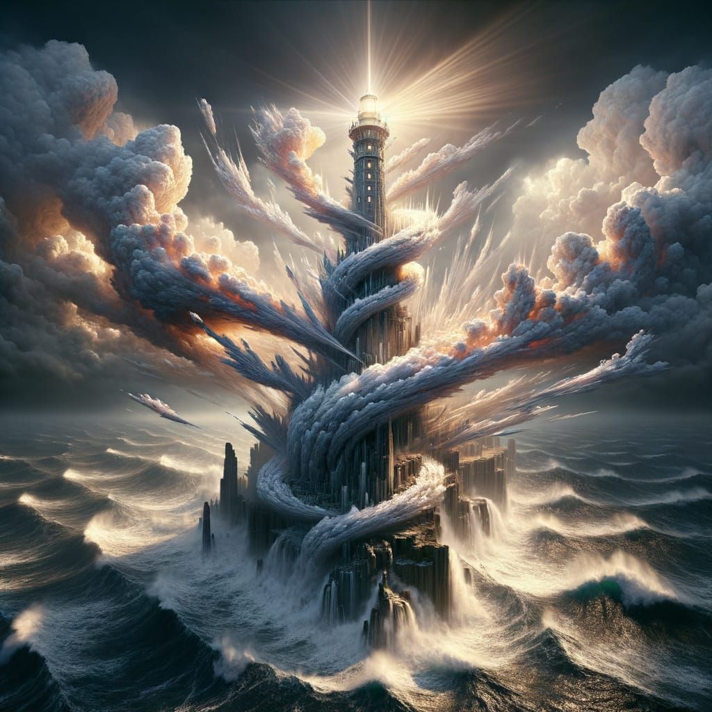 Fractal Lighthouse in Tempestuous Ocean: Hyperrealistic Digi...