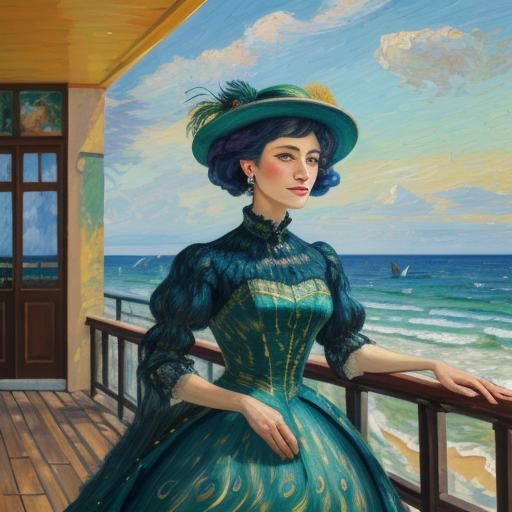 Woman in Peacock Gown, Impressionist Oil Painting