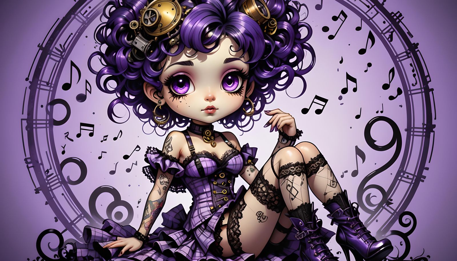 Steampunk Betty Boop Chibi in Ink Outline