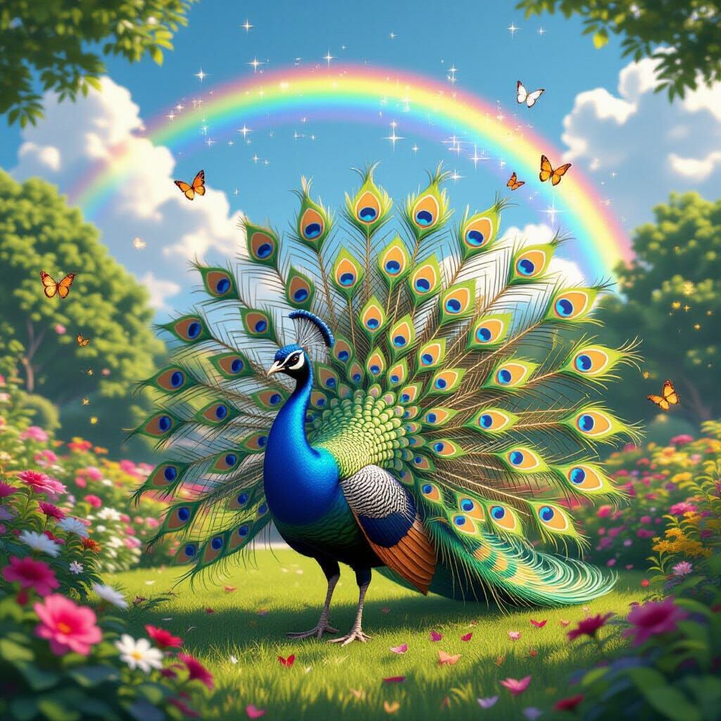 Peacock Displaying Tail in Vivid Anime Garden