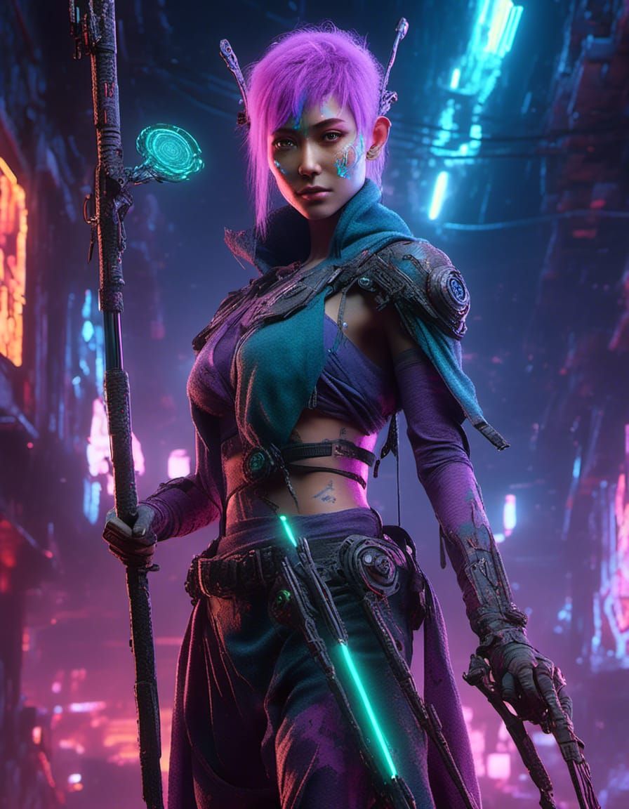 Cyberpunk Elf Mage in Neon Lit Tavern
