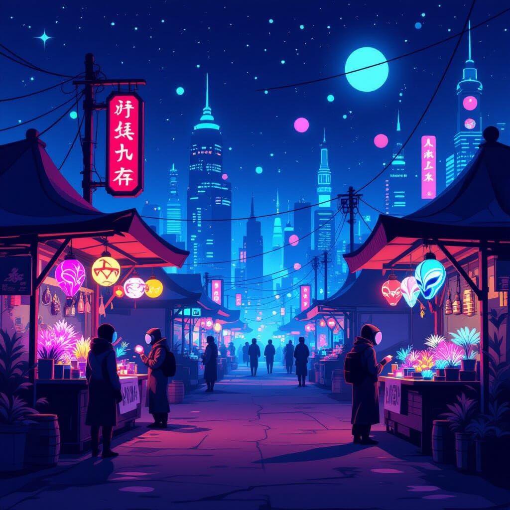 A night market on a neon-drenched alien world