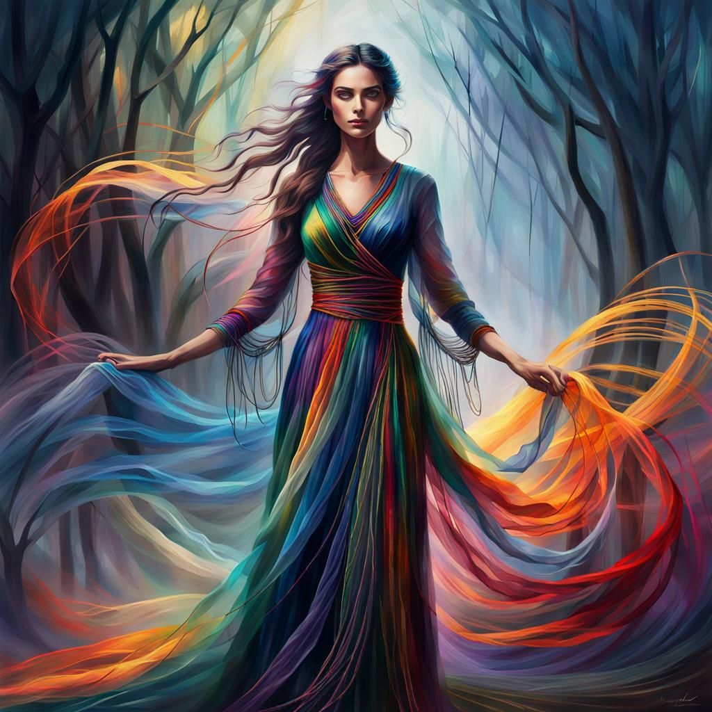 Woman Made of Strings in a Misty Landscape