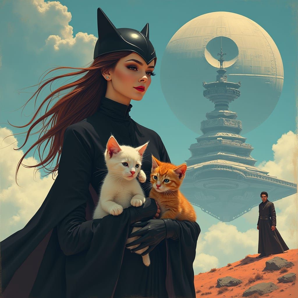 Surreal Sith Empress Scene with Kittens and Star Destroyers