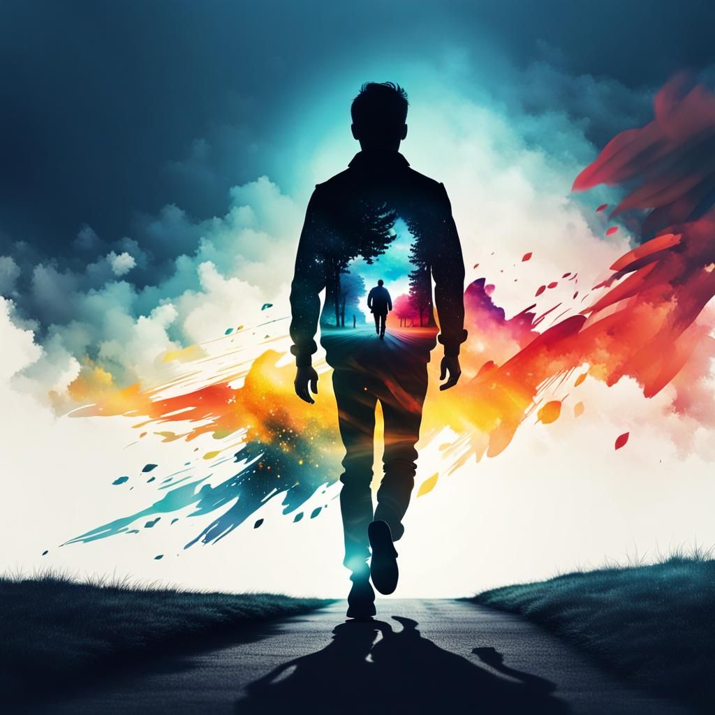 Silhouette Escaping Dark Thoughts Toward Bright Future