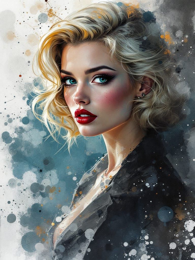 Pin-Up Woman with Watercolor Splatter & Smoky Effects