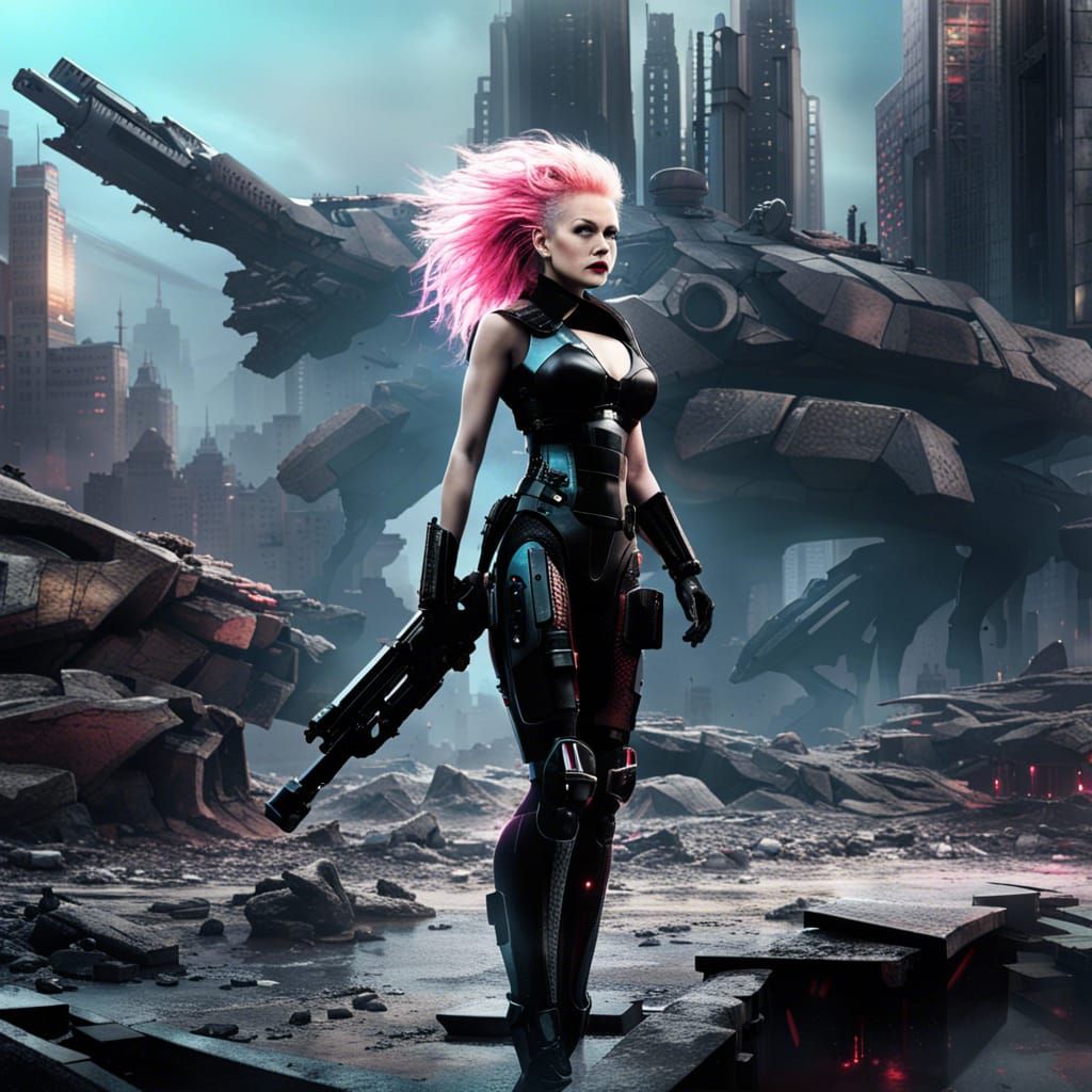 Cyndi Lauper Robot Warrior in Ruined City
