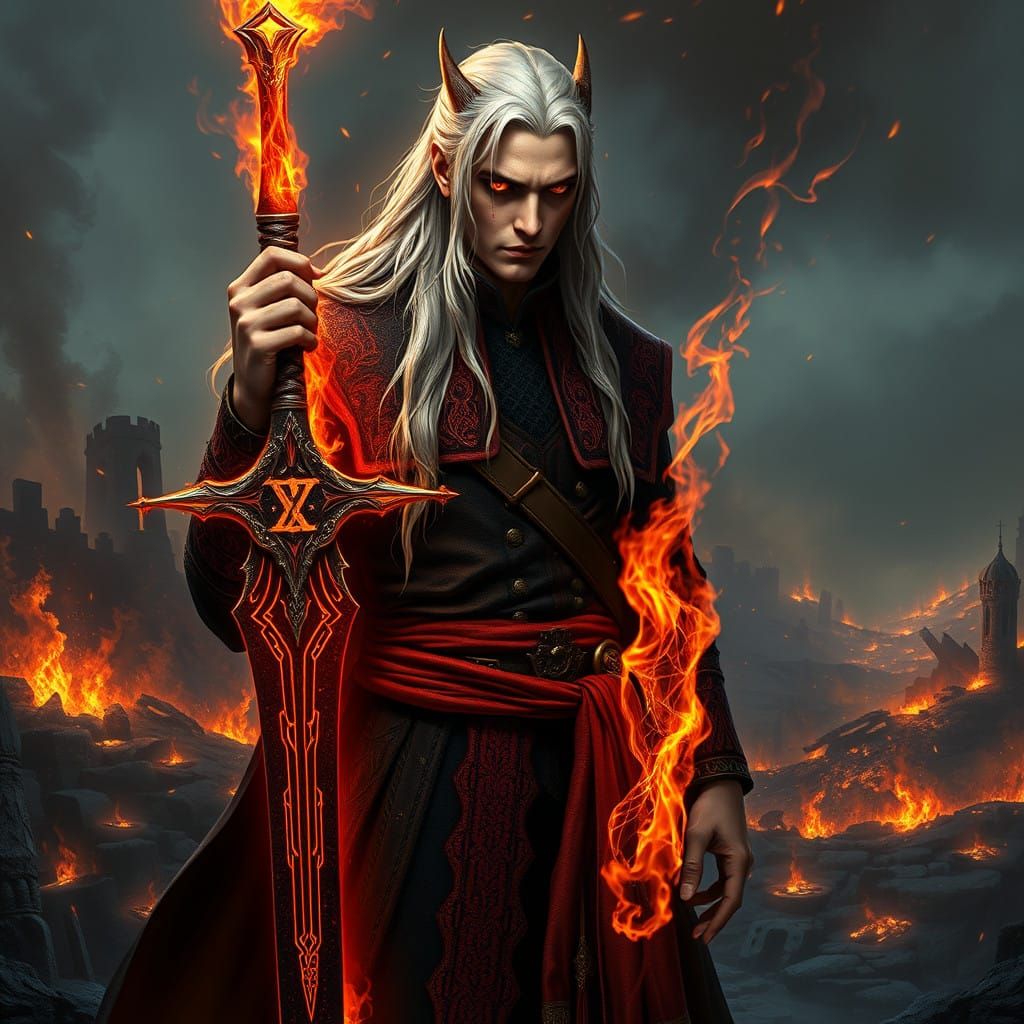 Ethereal Nord Mage with Daedric Accents and Flaming Sword