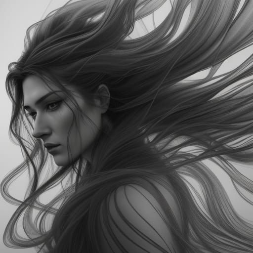 Hyperdetailed Charcoal Drawing of a Woman in Abstract Landsc...