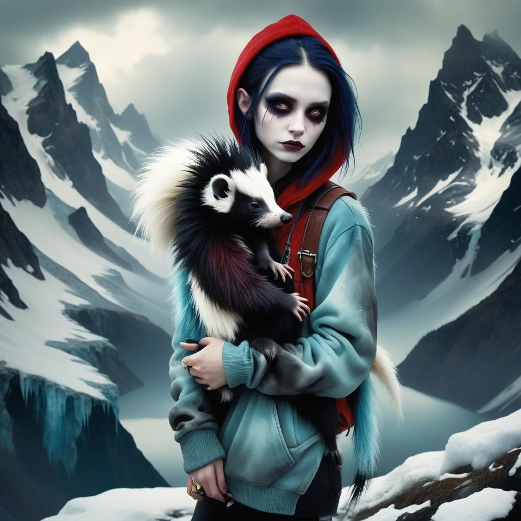 Goth Girl with Skunks in Alaskan Wilderness