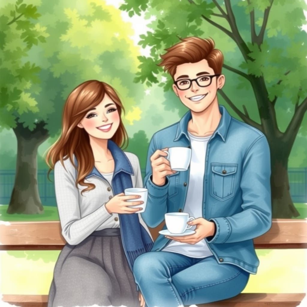 Couple Enjoys Tea in a Watercolor Park Scene