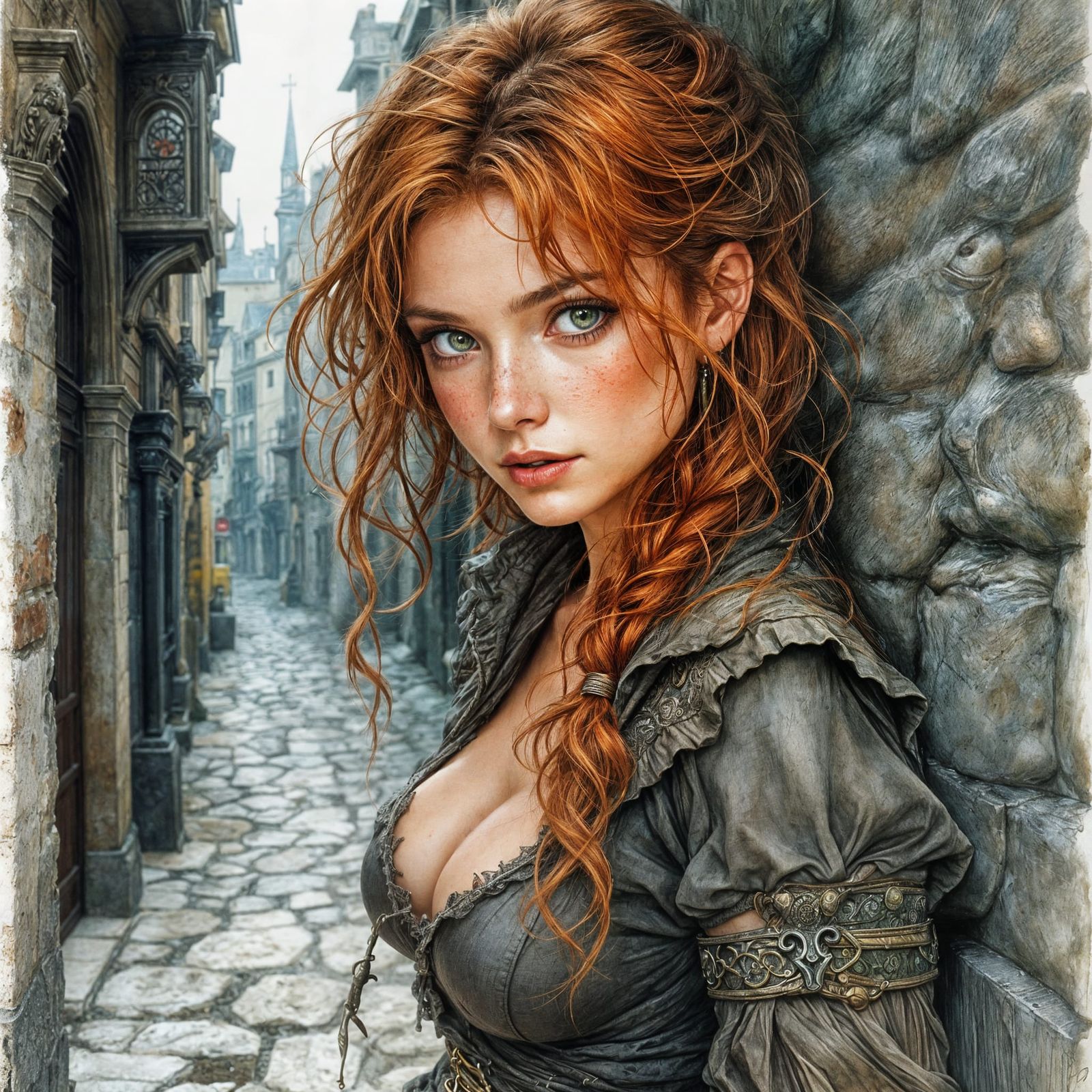 Pretty Thief in Medieval City, Pastel Portrait