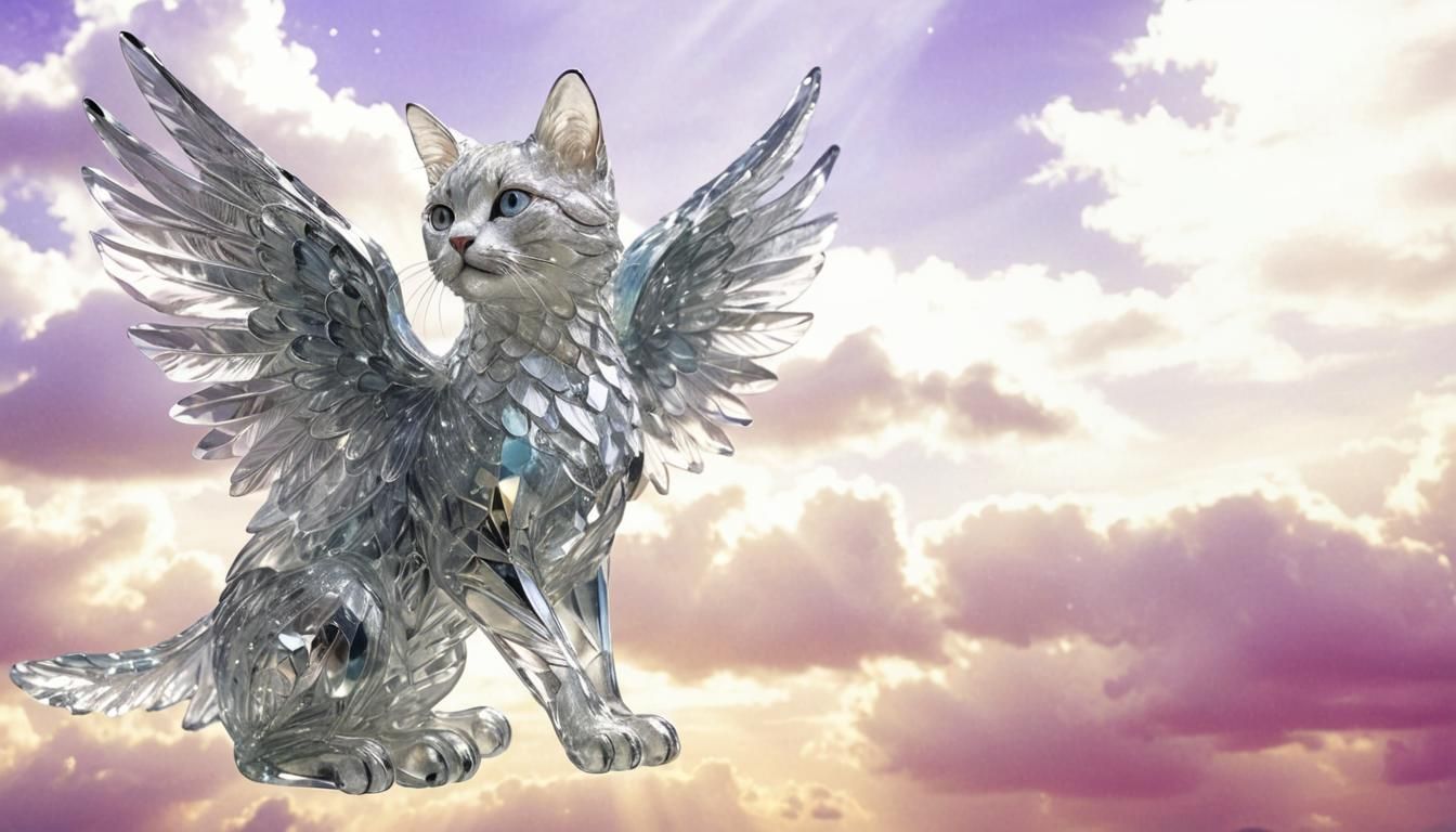 Crystal Angel Cat with Glass Wings in 3D