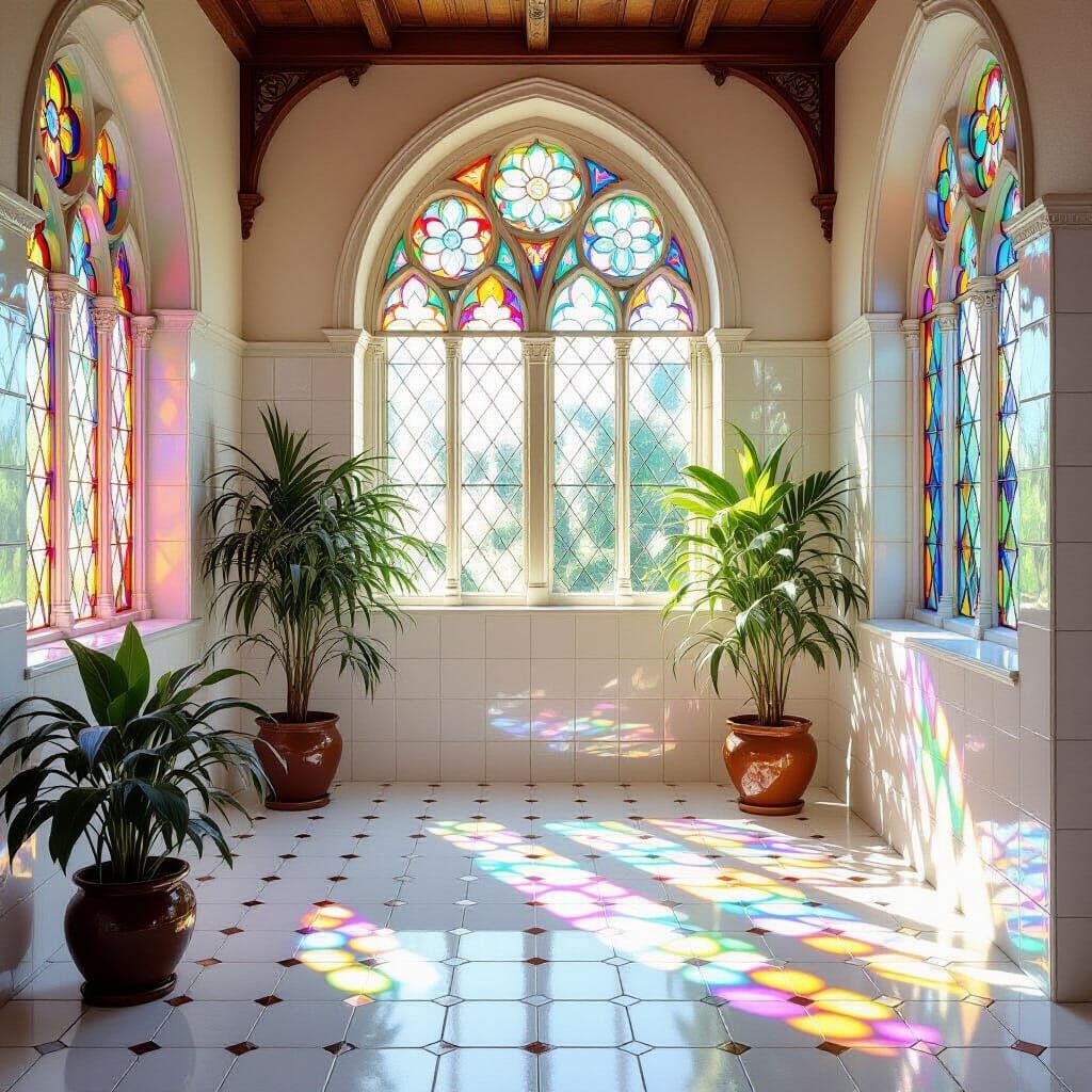 Medieval Bathroom with Stained Glass in Pre-Raphaelite Style